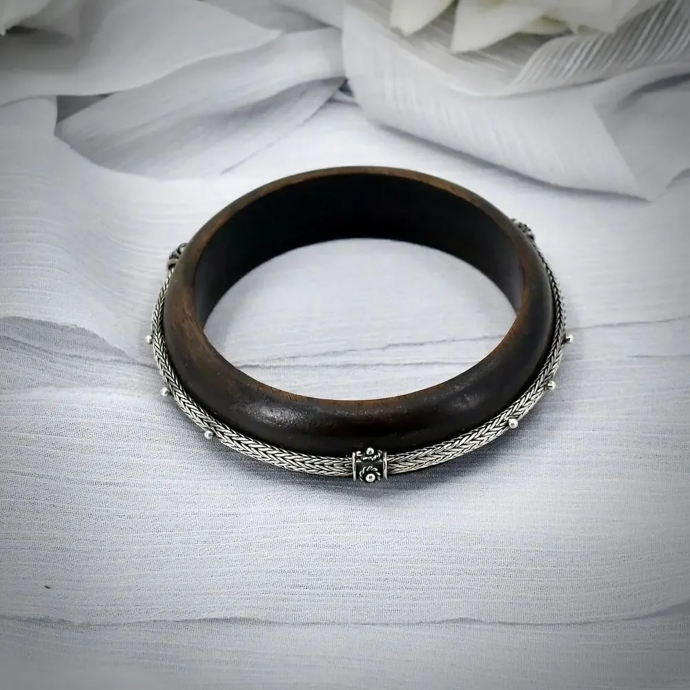 Vintage Sterling Silver Ebony Wood Bangle Bracelet Size 8 Slip On